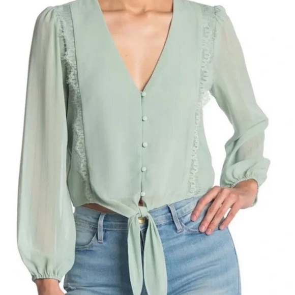 🟦 NWT Wayf Nordstrom Lace Trim Tie Button Front Long Sleeve Blouse Top - Picture 1 of 9